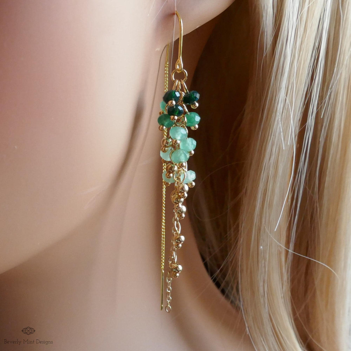 Green Beaded Dangle Earrings with Pearls Gold Chain Earrings Handmade Statement Jewelry Spring Bridal Gift, Sensitive Ear & Clip-On Options