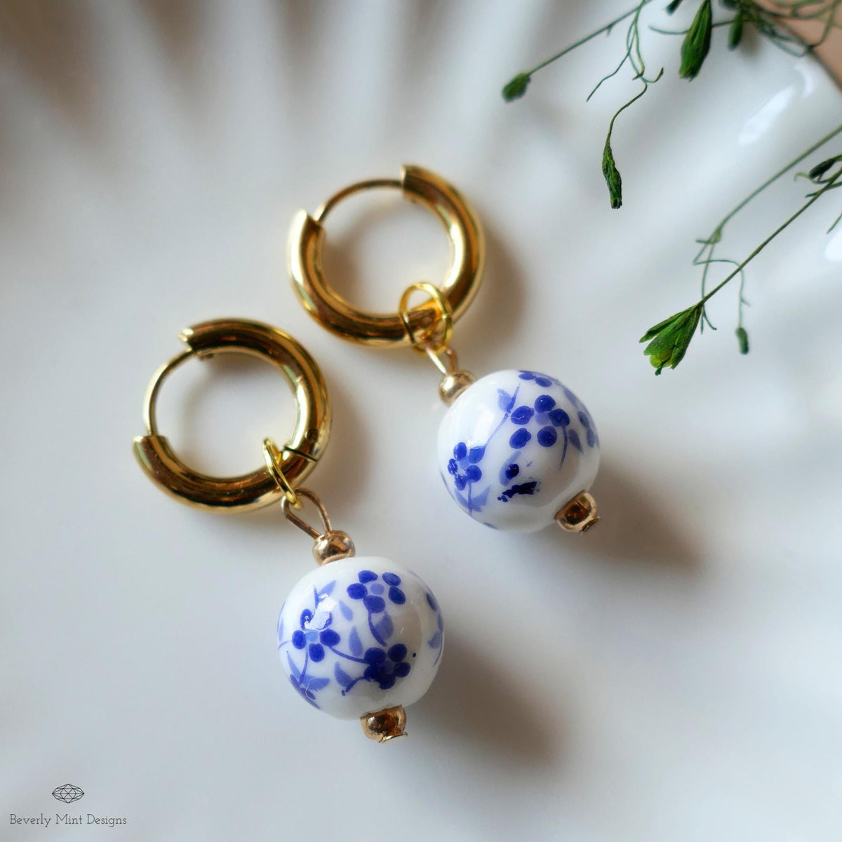 Blue and White Ceramic Bead Earrings, Chunky Gold Hoop Earrings with Floral Ceramic Beads, Chinoiserie Style Jewelry, Handmade Earrings