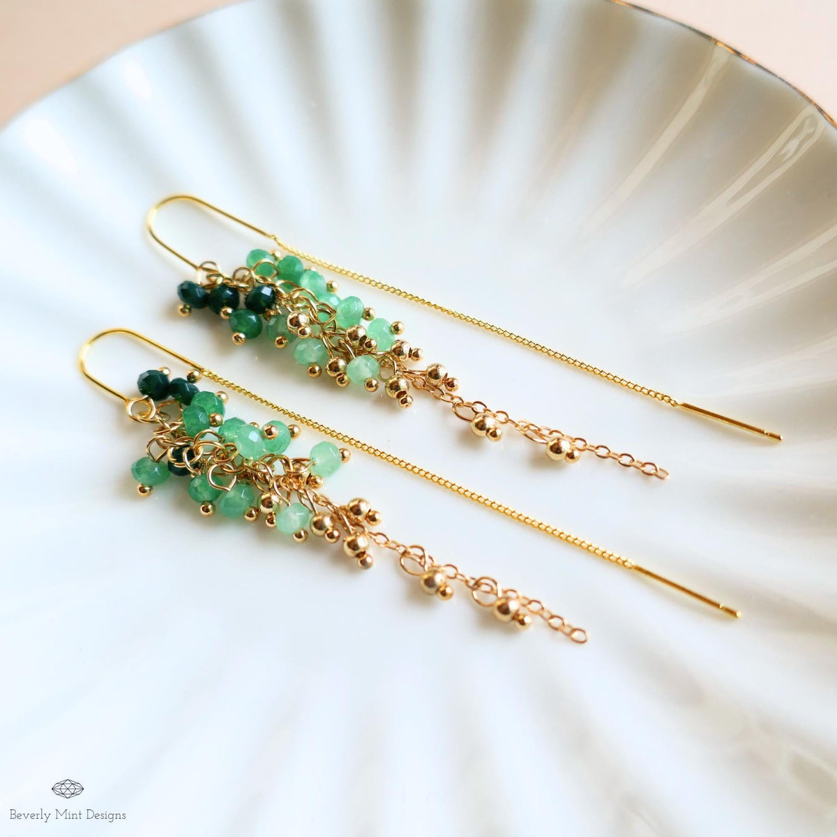 Green Beaded Dangle Earrings with Pearls Gold Chain Earrings Handmade Statement Jewelry Spring Bridal Gift, Sensitive Ear & Clip-On Options