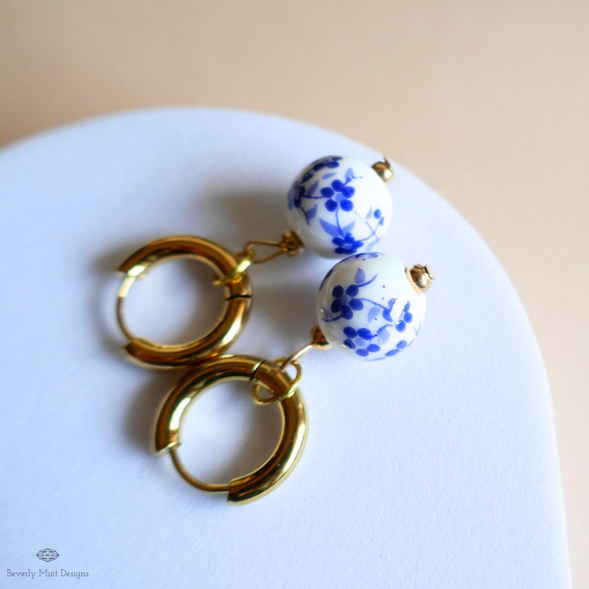 Blue and White Ceramic Bead Earrings, Chunky Gold Hoop Earrings with Floral Ceramic Beads, Chinoiserie Style Jewelry, Handmade Earrings