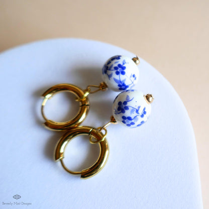 Blue and White Ceramic Bead Earrings, Chunky Gold Hoop Earrings with Floral Ceramic Beads, Chinoiserie Style Jewelry, Handmade Earrings