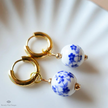 Blue and White Ceramic Bead Earrings, Chunky Gold Hoop Earrings with Floral Ceramic Beads, Chinoiserie Style Jewelry, Handmade Earrings