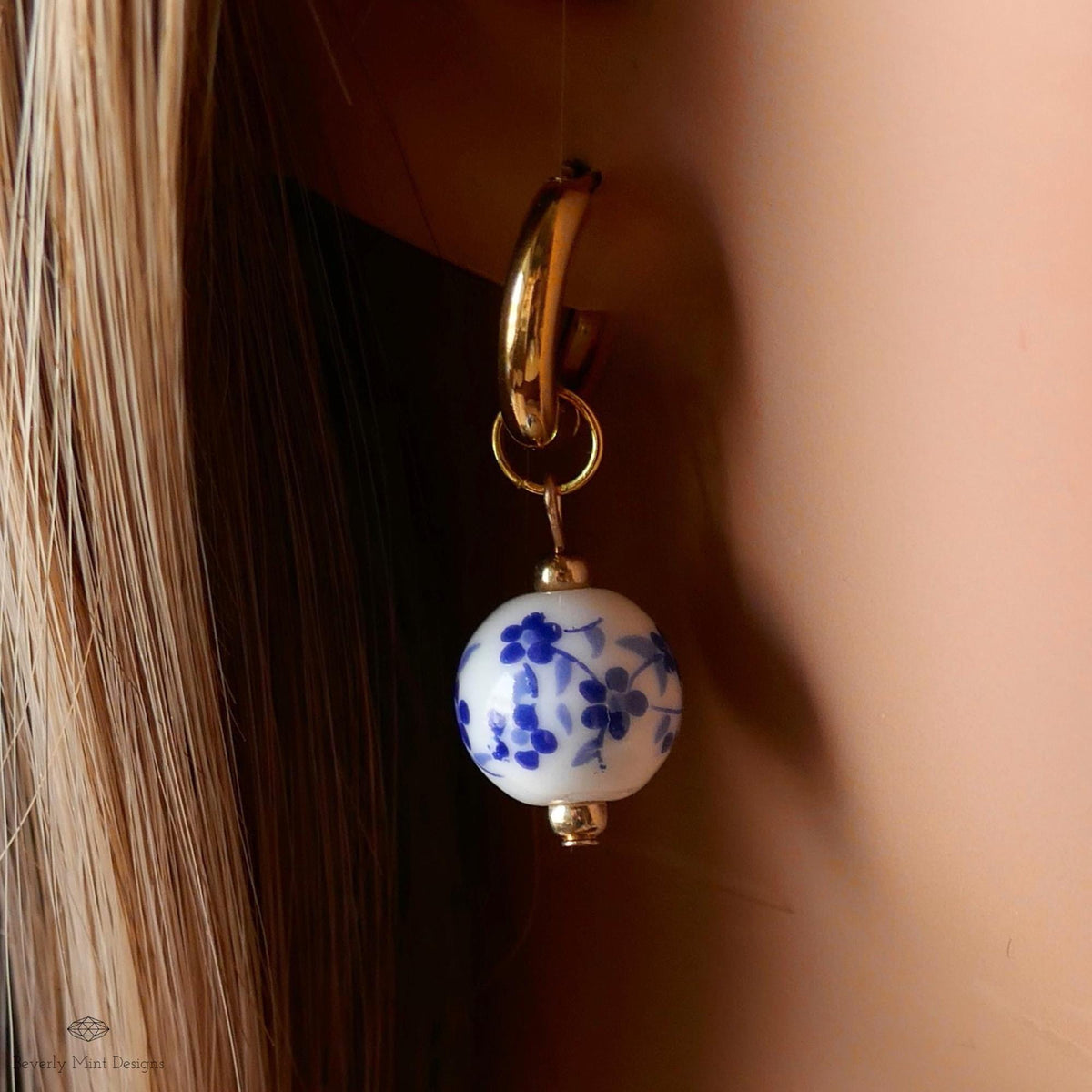 Blue and White Ceramic Bead Earrings, Chunky Gold Hoop Earrings with Floral Ceramic Beads, Chinoiserie Style Jewelry, Handmade Earrings