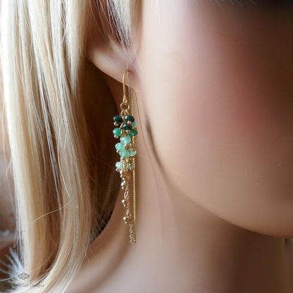 Green Beaded Dangle Earrings with Pearls Gold Chain Earrings Handmade Statement Jewelry Spring Bridal Gift, Sensitive Ear & Clip-On Options