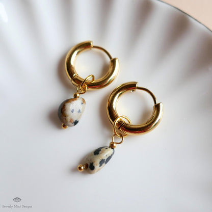 Dalmatian Jasper Earrings, Gold Huggie Hoop Earrings, Zebra Rock Jewelry, Dainty Stone Hoops, Minimalist Gift for Her, Boho Earrings