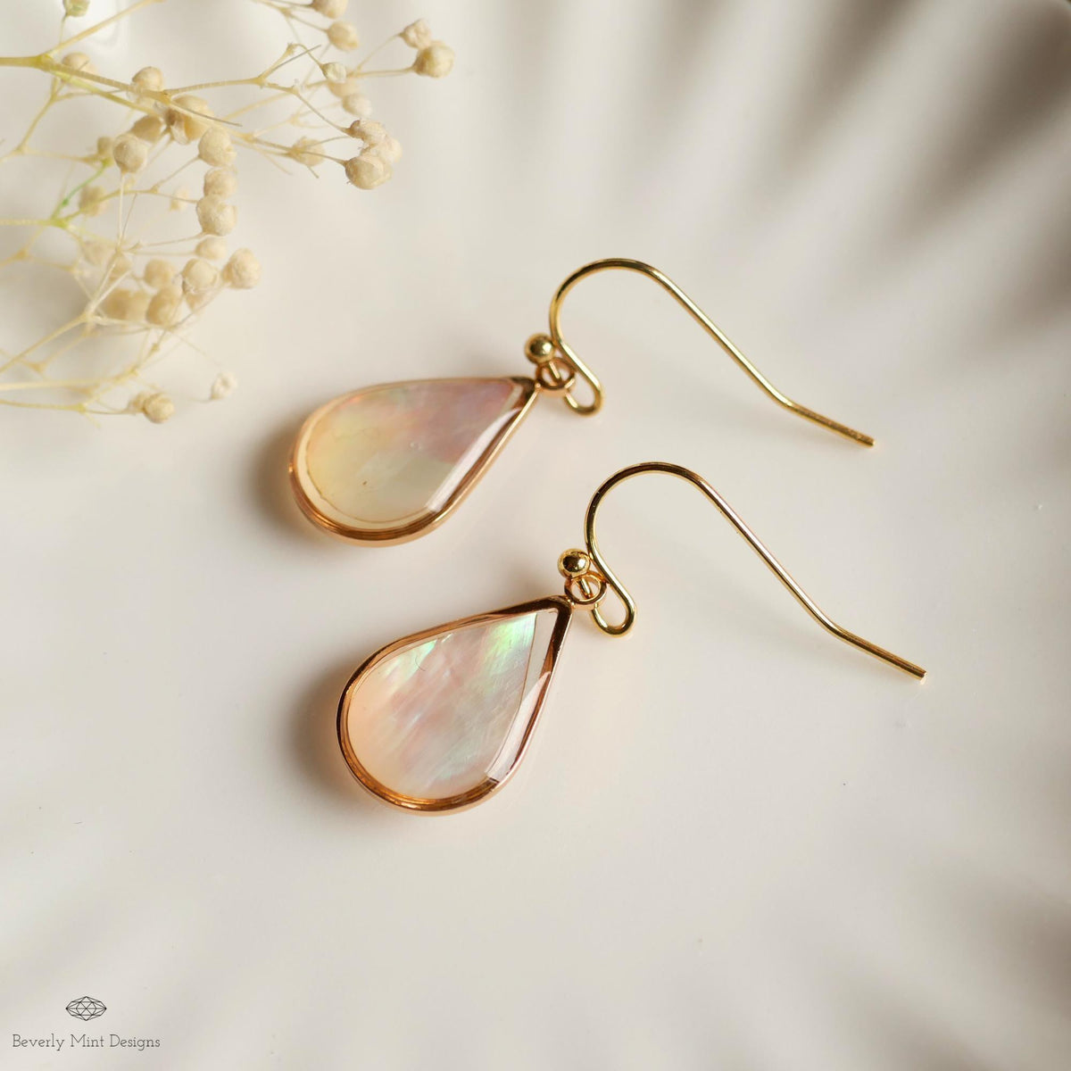 Mother of Pearl Style Teardrop Earrings, Gold Drop Earrings, Elegant Shell Style Jewelry, Sensitive Ear & Clip-On Options