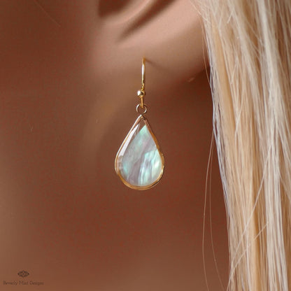 Mother of Pearl Style Teardrop Earrings, Gold Drop Earrings, Elegant Shell Style Jewelry, Sensitive Ear & Clip-On Options