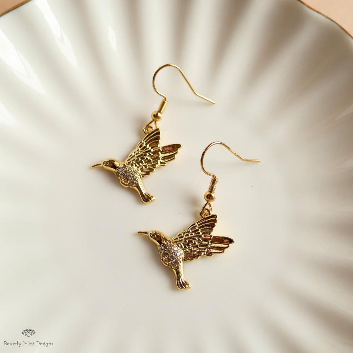 Gold Hummingbird Earrings Crystal Bird Dangle Earrings Animal Lover Gift Nature Inspired Jewelry, Sensitive Ear & Clip-On Options