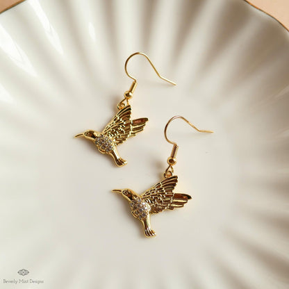 Gold Hummingbird Earrings Crystal Bird Dangle Earrings Animal Lover Gift Nature Inspired Jewelry, Sensitive Ear & Clip-On Options
