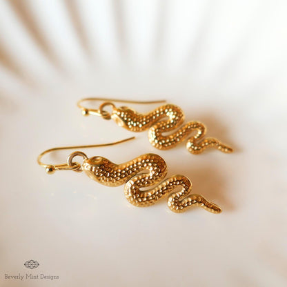 Gold Snake Earrings, Handmade Dangle Serpent Jewelry, Lightweight and Unique, Trendy Statement Earrings, Sensitive Ear & Clip-On Options