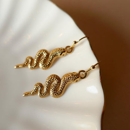 Gold Snake Earrings, Handmade Dangle Serpent Jewelry, Lightweight and Unique, Trendy Statement Earrings, Sensitive Ear & Clip-On Options