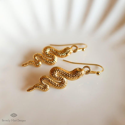 Gold Snake Earrings, Handmade Dangle Serpent Jewelry, Lightweight and Unique, Trendy Statement Earrings, Sensitive Ear & Clip-On Options