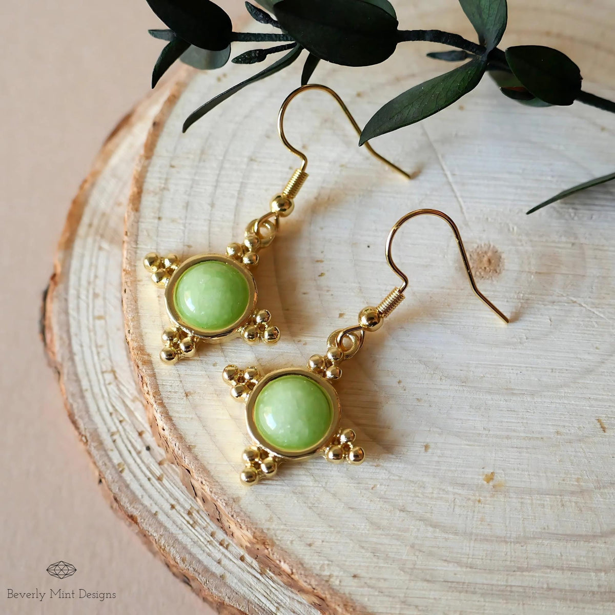 Gold and Green Dangle Earrings with Beaded Accents Boho Chic Handmade Jewelry for Women, Bohemian earrings, Sensitive Ear & Clip-On Options