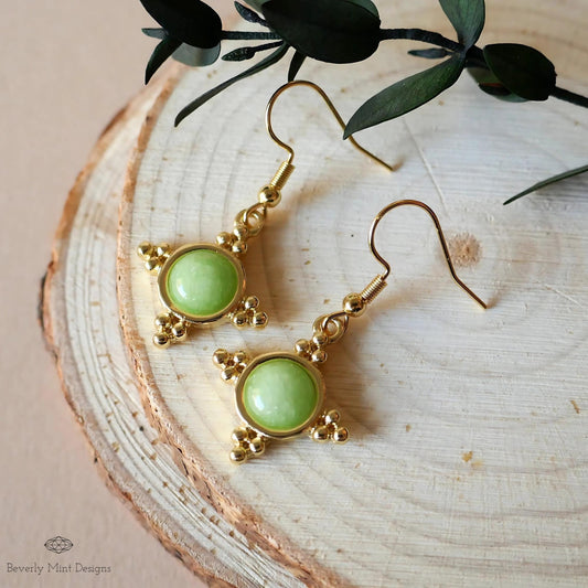 Gold and Green Dangle Earrings with Beaded Accents Boho Chic Handmade Jewelry for Women, Bohemian earrings, Sensitive Ear & Clip-On Options