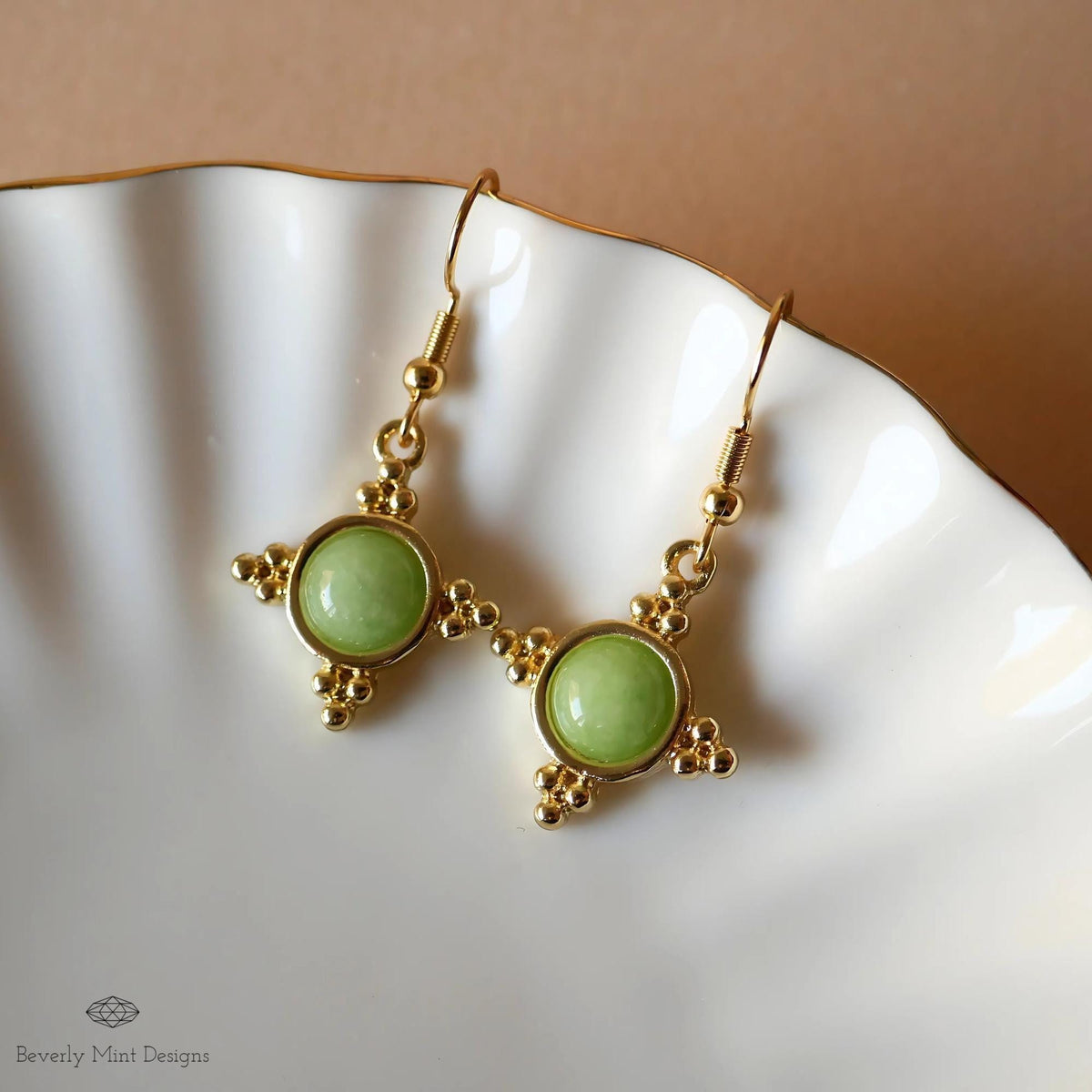 Gold and Green Dangle Earrings with Beaded Accents Boho Chic Handmade Jewelry for Women, Bohemian earrings, Sensitive Ear & Clip-On Options