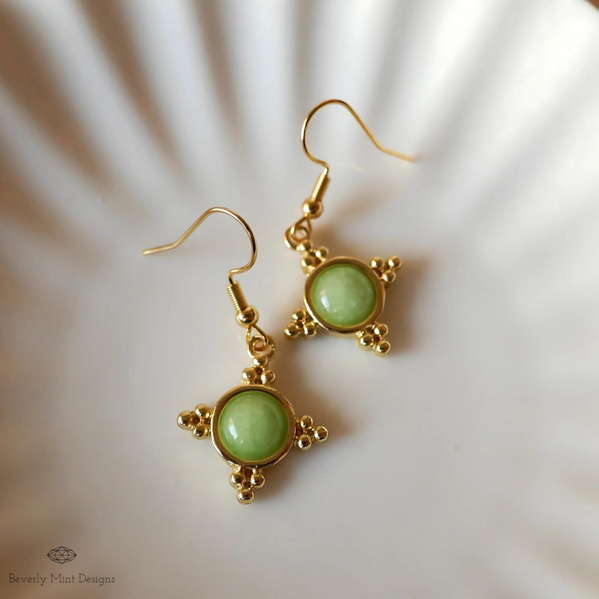 Gold and Green Dangle Earrings with Beaded Accents Boho Chic Handmade Jewelry for Women, Bohemian earrings, Sensitive Ear & Clip-On Options