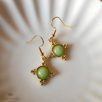 Gold and Green Dangle Earrings with Beaded Accents Boho Chic Handmade Jewelry for Women, Bohemian earrings, Sensitive Ear & Clip-On Options