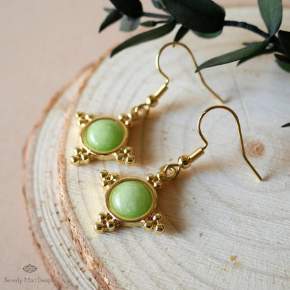 Gold and Green Dangle Earrings with Beaded Accents Boho Chic Handmade Jewelry for Women, Bohemian earrings, Sensitive Ear & Clip-On Options