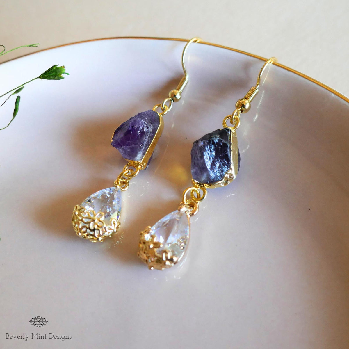 Raw Amethyst Earrings, Crystal Drop Earrings, Purple Dangle Earrings, Teardrop Bridal Jewelry, Sensitive Ear & Clip-On Options
