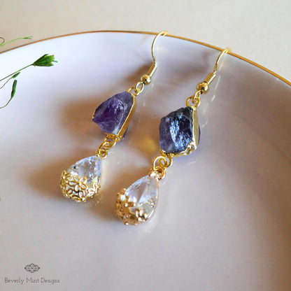 Raw Amethyst Earrings, Crystal Drop Earrings, Purple Dangle Earrings, Teardrop Bridal Jewelry, Sensitive Ear & Clip-On Options