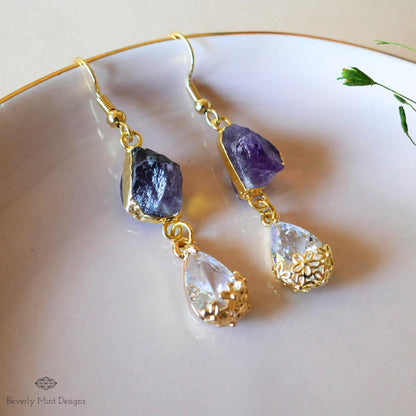 Raw Amethyst Earrings, Crystal Drop Earrings, Purple Dangle Earrings, Teardrop Bridal Jewelry, Sensitive Ear & Clip-On Options