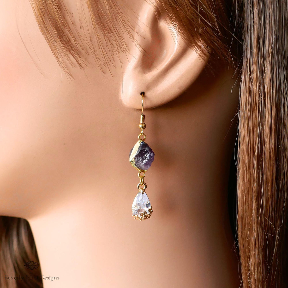 Raw Amethyst Earrings, Crystal Drop Earrings, Purple Dangle Earrings, Teardrop Bridal Jewelry, Sensitive Ear & Clip-On Options