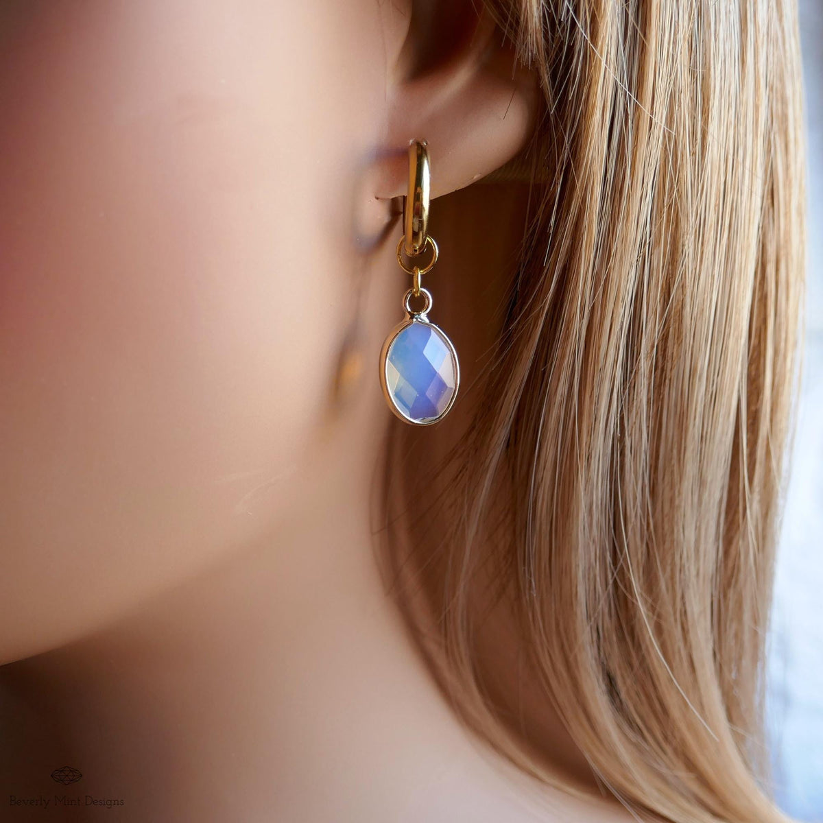 Oval opalite earrings, faceted opalite dangle, gold huggie hoops, minimalist drop earrings, boho chic jewelry