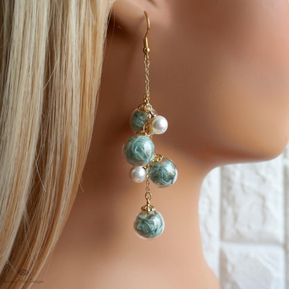 Bubble Earrings , Dangle Glass Beaded Earrings with Pearls, Gold Chain Lightweight Fairycore Jewelry, Sensitive Ear & Clip-On Options