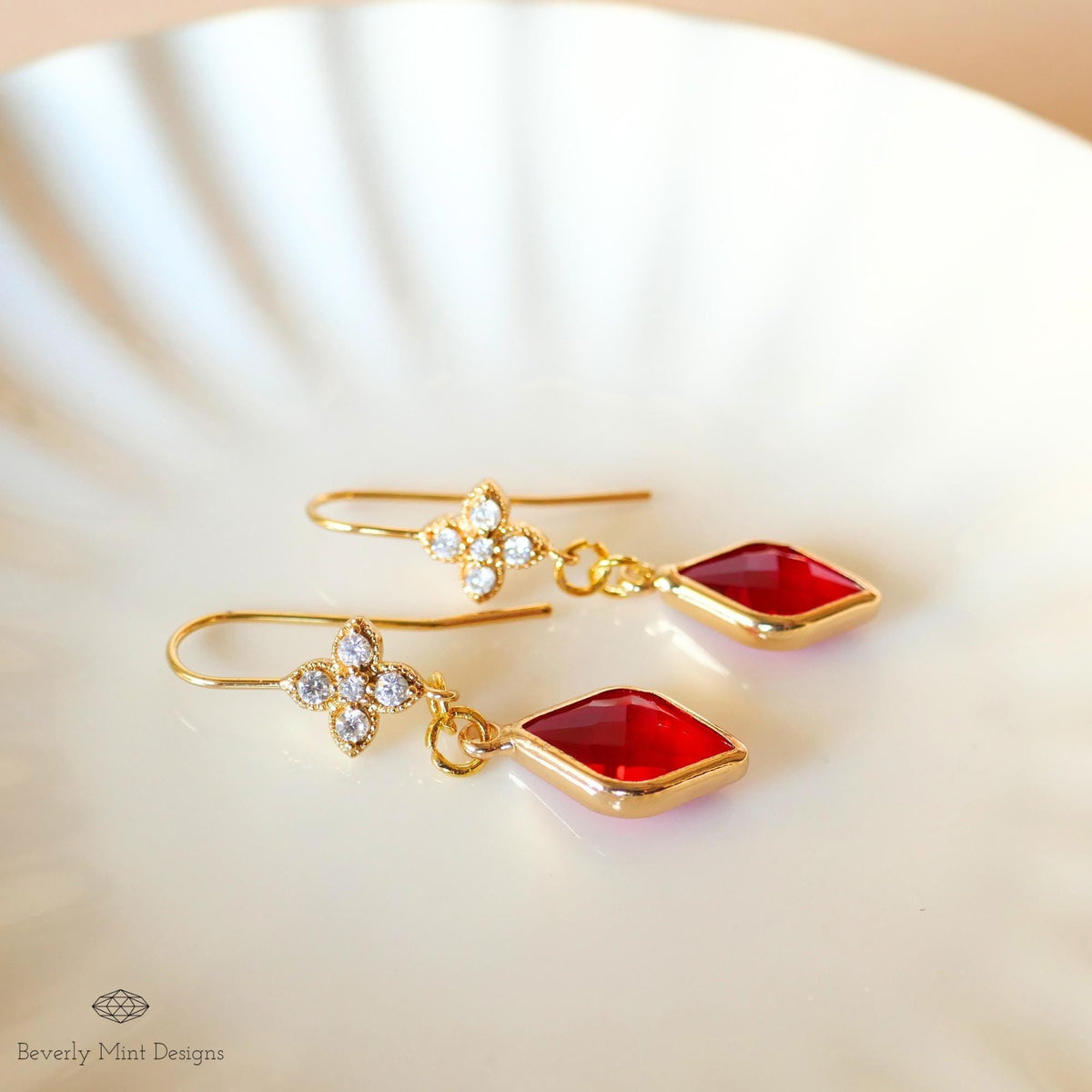 Ruby Red and Floral Crystal Dangle Earrings, Red Gemstone Cubic Zirconia Drop Earrings, Red Diamond Shaped Earrings, Elegant Dangle Earrings