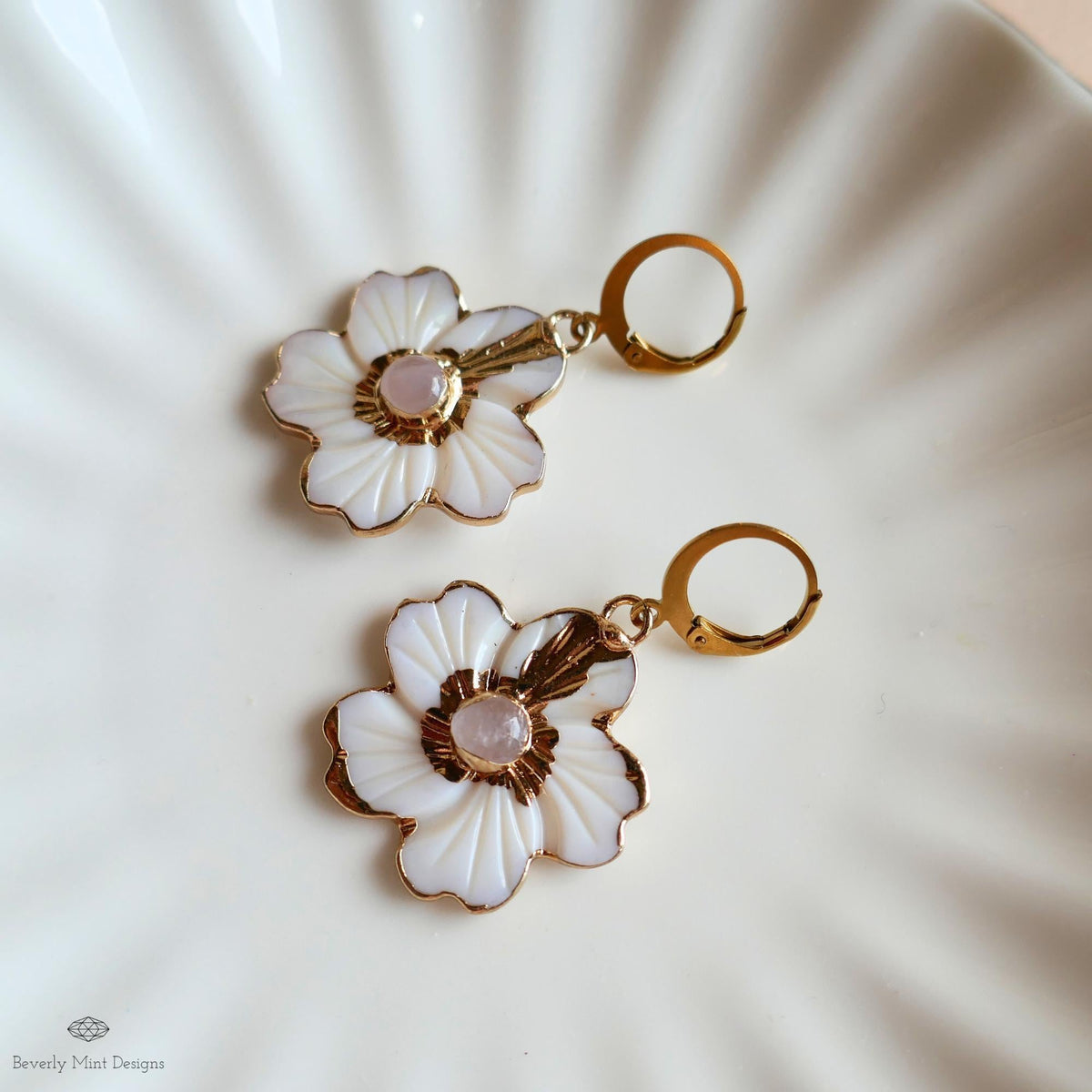 White Flower Earrings, Gold Floral Dangle Earrings, Rose Quartz Center, Statement Earrings, Bridal Jewelry, Sensitive Ear & Clip-On Options