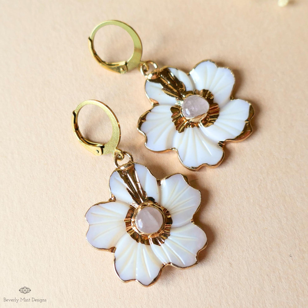 White Flower Earrings, Gold Floral Dangle Earrings, Rose Quartz Center, Statement Earrings, Bridal Jewelry, Sensitive Ear & Clip-On Options