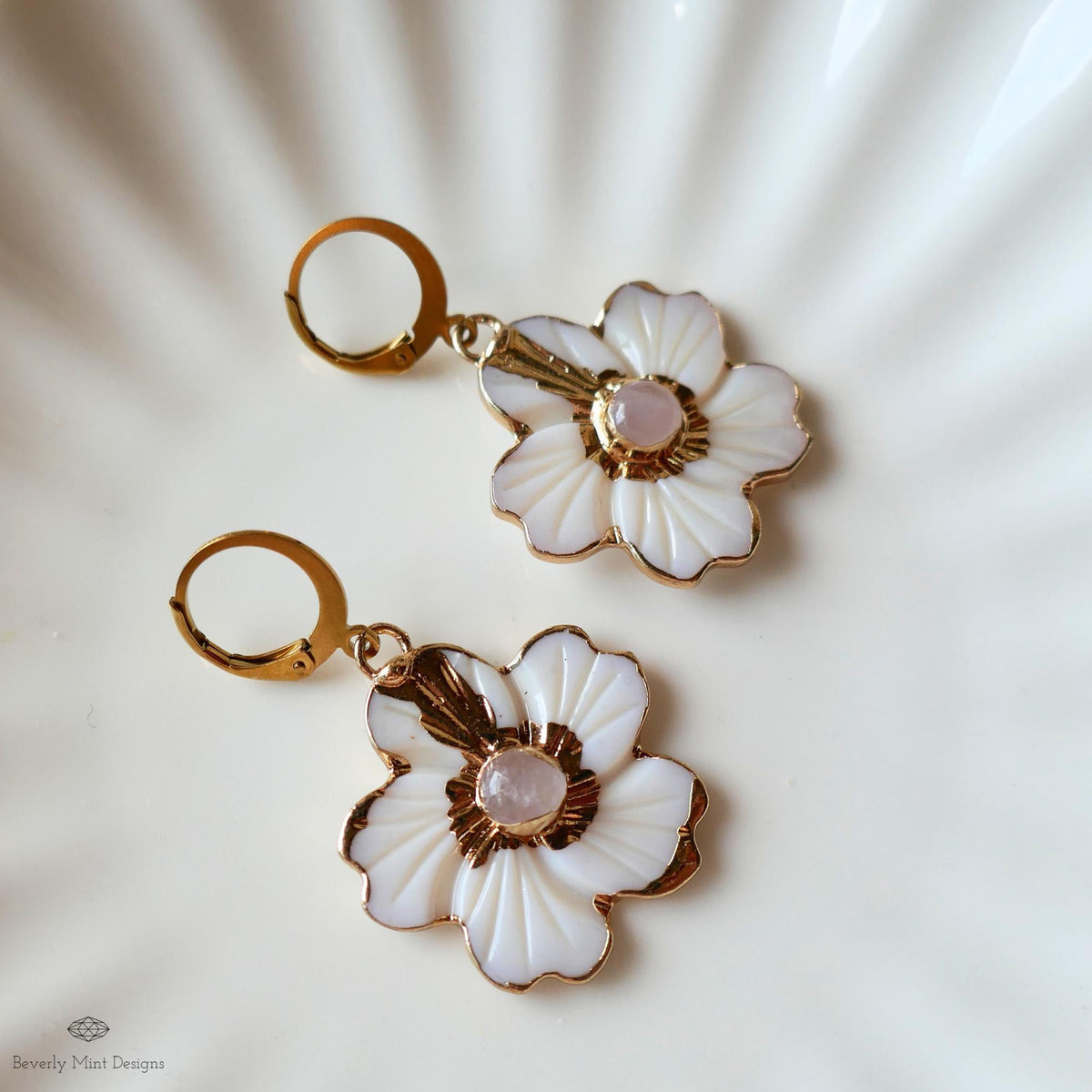 White Flower Earrings, Gold Floral Dangle Earrings, Rose Quartz Center, Statement Earrings, Bridal Jewelry, Sensitive Ear & Clip-On Options