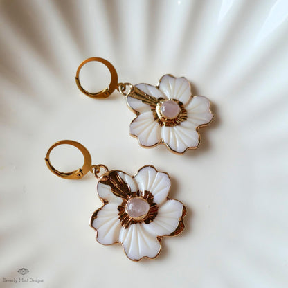 White Flower Earrings, Gold Floral Dangle Earrings, Rose Quartz Center, Statement Earrings, Bridal Jewelry, Sensitive Ear & Clip-On Options