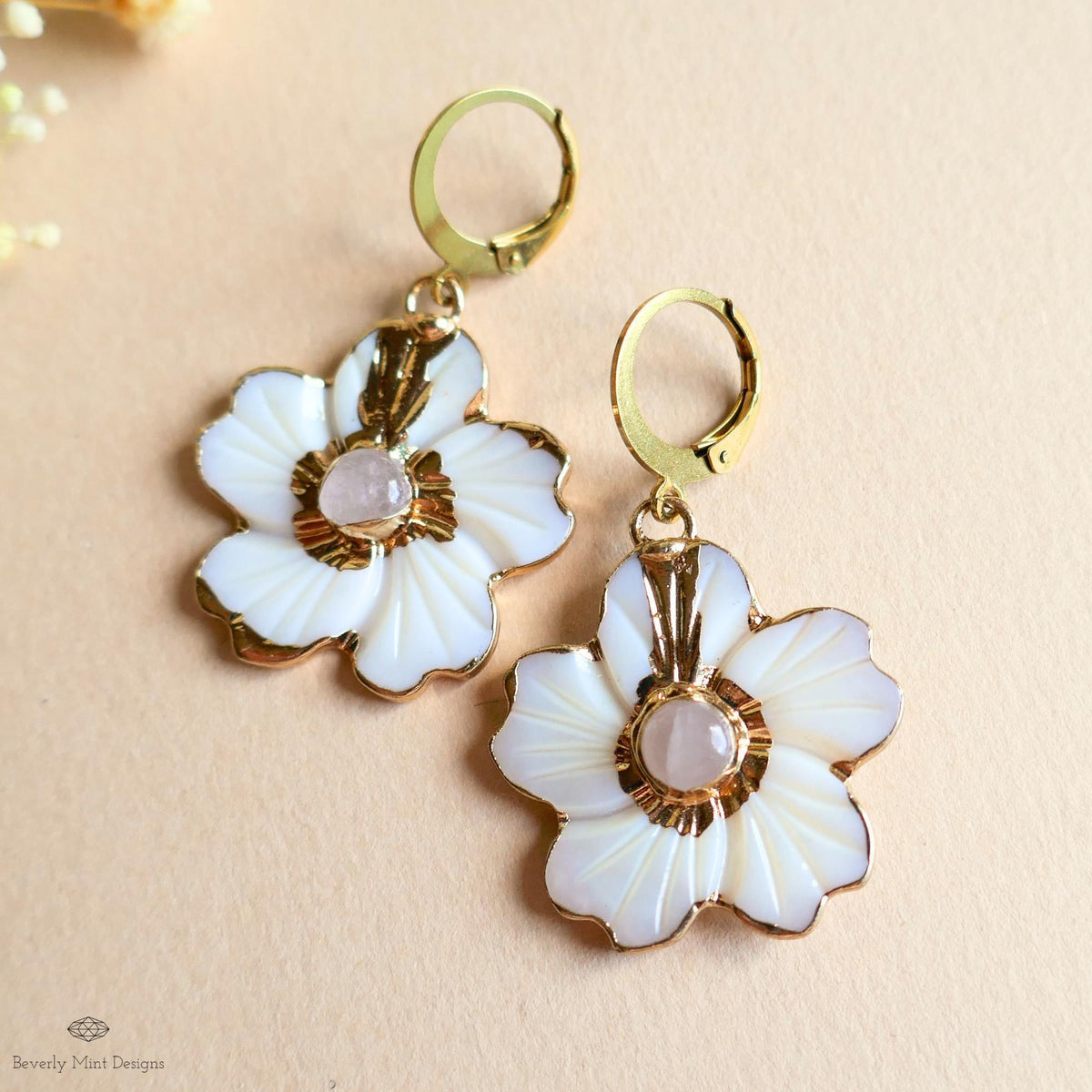 White Flower Earrings, Gold Floral Dangle Earrings, Rose Quartz Center, Statement Earrings, Bridal Jewelry, Sensitive Ear & Clip-On Options