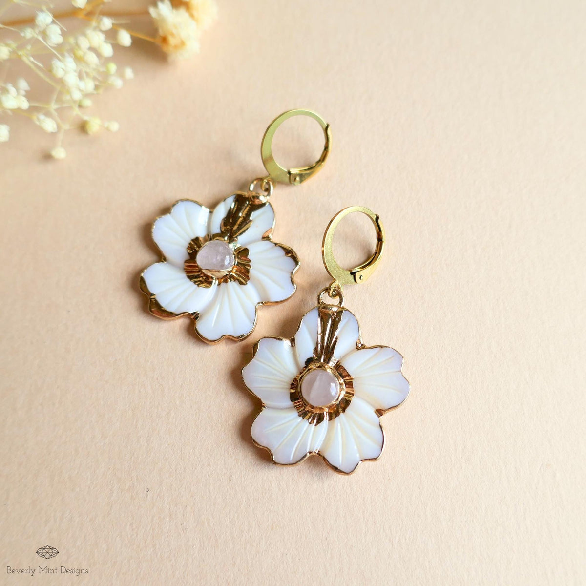 White Flower Earrings, Gold Floral Dangle Earrings, Rose Quartz Center, Statement Earrings, Bridal Jewelry, Sensitive Ear & Clip-On Options