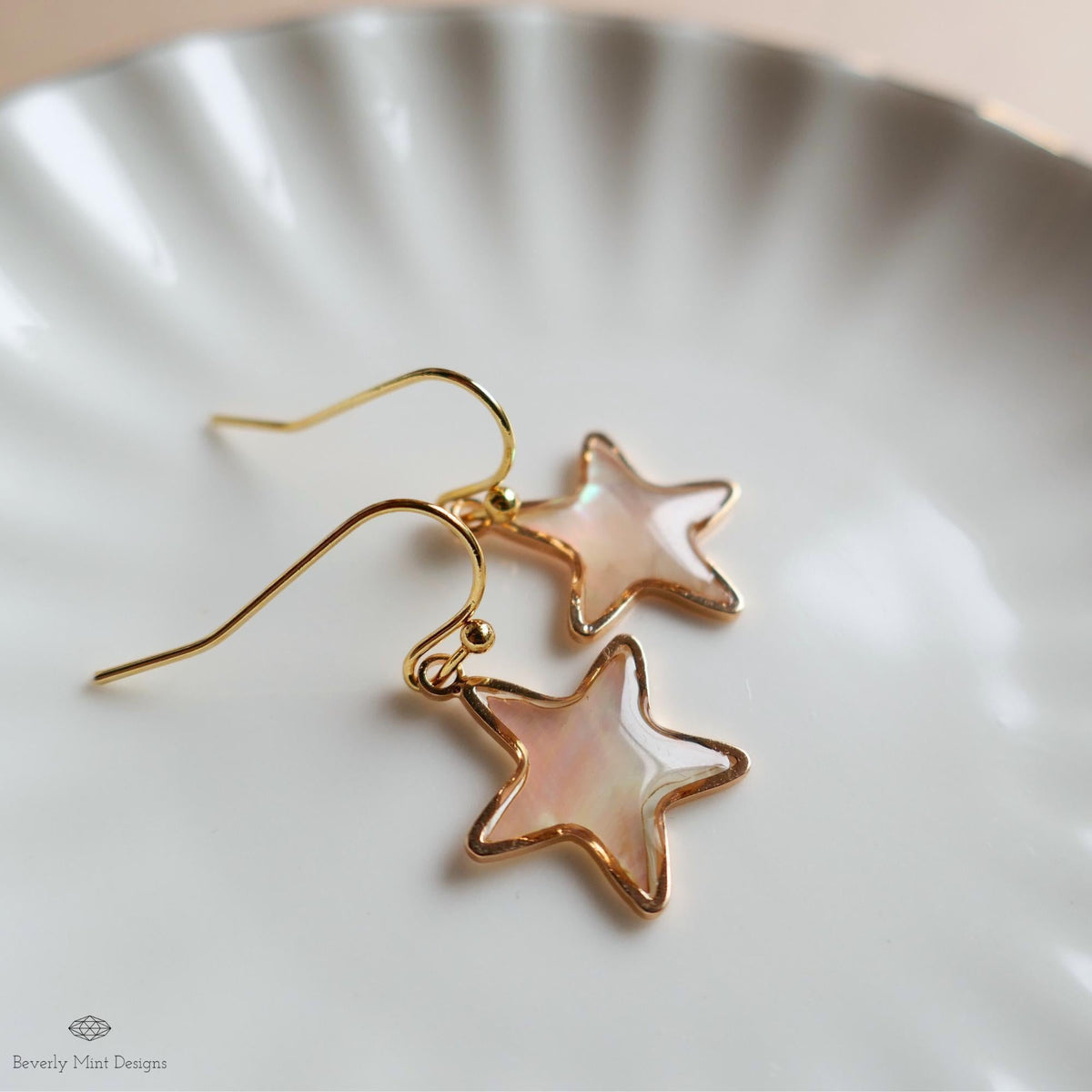 Mother of Pearl Style Star Earrings, Gold Drop Earrings, Elegant Shell Jewelry, Minimalist Earrings, Sensitive Ear & Clip-On Options