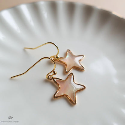 Mother of Pearl Style Star Earrings, Gold Drop Earrings, Elegant Shell Jewelry, Minimalist Earrings, Sensitive Ear & Clip-On Options