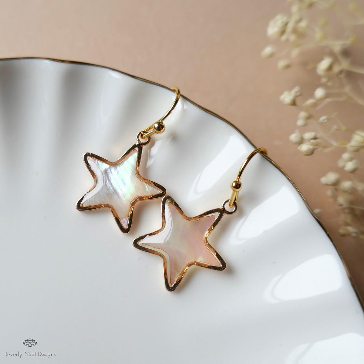 Mother of Pearl Style Star Earrings, Gold Drop Earrings, Elegant Shell Jewelry, Minimalist Earrings, Sensitive Ear & Clip-On Options