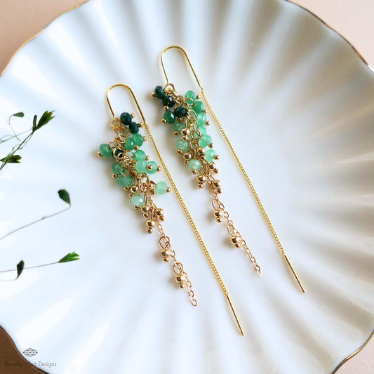 Green Beaded Dangle Earrings with Pearls Gold Chain Earrings Handmade Statement Jewelry Spring Bridal Gift, Sensitive Ear & Clip-On Options