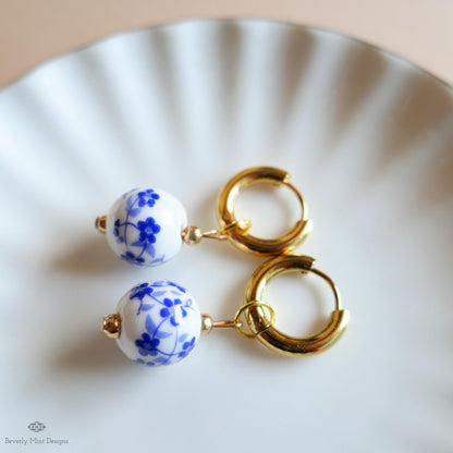 Blue and White Ceramic Bead Earrings, Chunky Gold Hoop Earrings with Floral Ceramic Beads, Chinoiserie Style Jewelry, Handmade Earrings