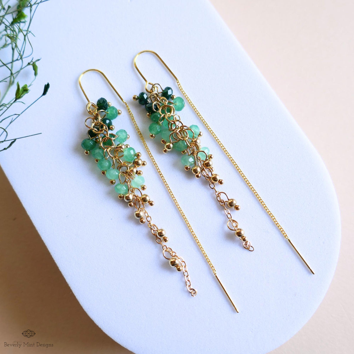 Green Beaded Dangle Earrings with Pearls Gold Chain Earrings Handmade Statement Jewelry Spring Bridal Gift, Sensitive Ear & Clip-On Options
