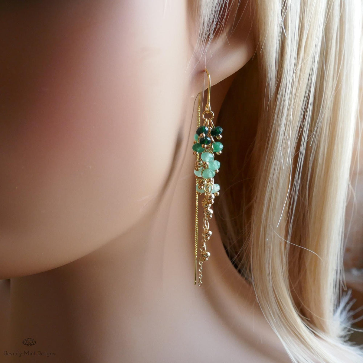 Green Beaded Dangle Earrings with Pearls Gold Chain Earrings Handmade Statement Jewelry Spring Bridal Gift, Sensitive Ear & Clip-On Options