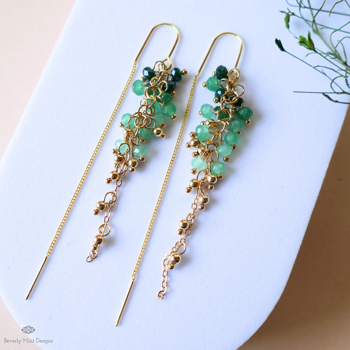Green Beaded Dangle Earrings with Pearls Gold Chain Earrings Handmade Statement Jewelry Spring Bridal Gift, Sensitive Ear & Clip-On Options