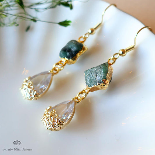 Raw Emerald Earrings, Green Drop Earrings, Gold Dangle Earrings, Natural Crystal Jewelry, Sensitive Ear & Clip-On Options