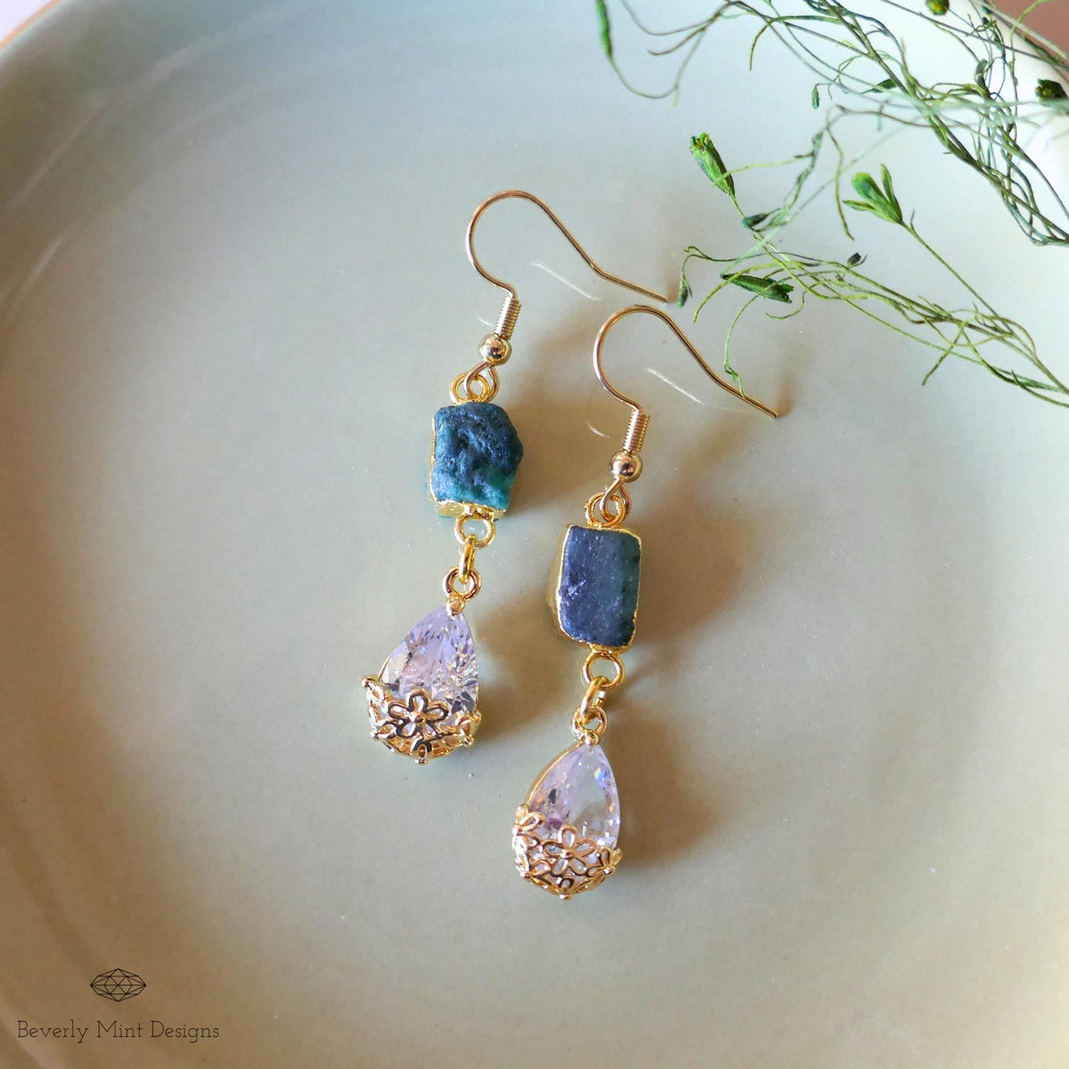 Raw Emerald Earrings, Green Drop Earrings, Gold Dangle Earrings, Natural Crystal Jewelry, Sensitive Ear & Clip-On Options