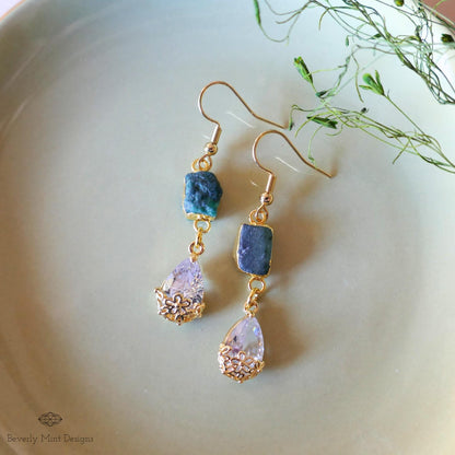 Raw Emerald Earrings, Green Drop Earrings, Gold Dangle Earrings, Natural Crystal Jewelry, Sensitive Ear & Clip-On Options
