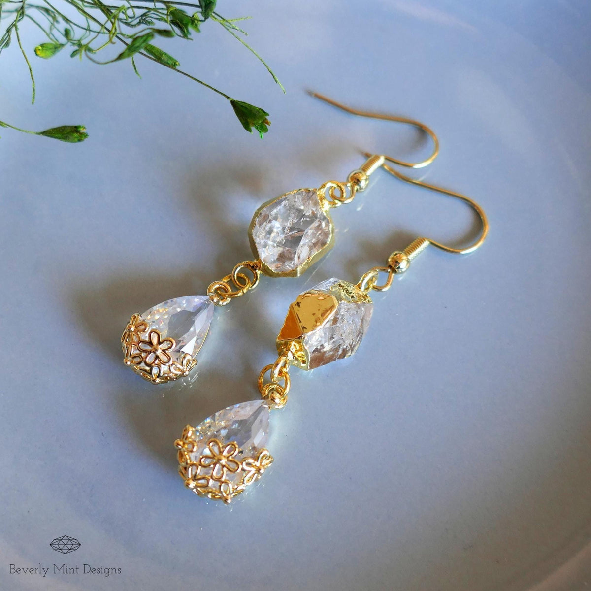 Herkimer Diamond Earrings, Gold Crystal Drop Earrings, Minimalist Bridal Jewelry, April Birthday Gift, Sensitive Ear & Clip-On Options