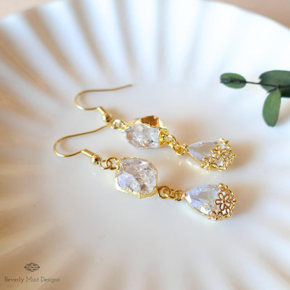 Herkimer Diamond Earrings, Gold Crystal Drop Earrings, Minimalist Bridal Jewelry, April Birthday Gift, Sensitive Ear & Clip-On Options