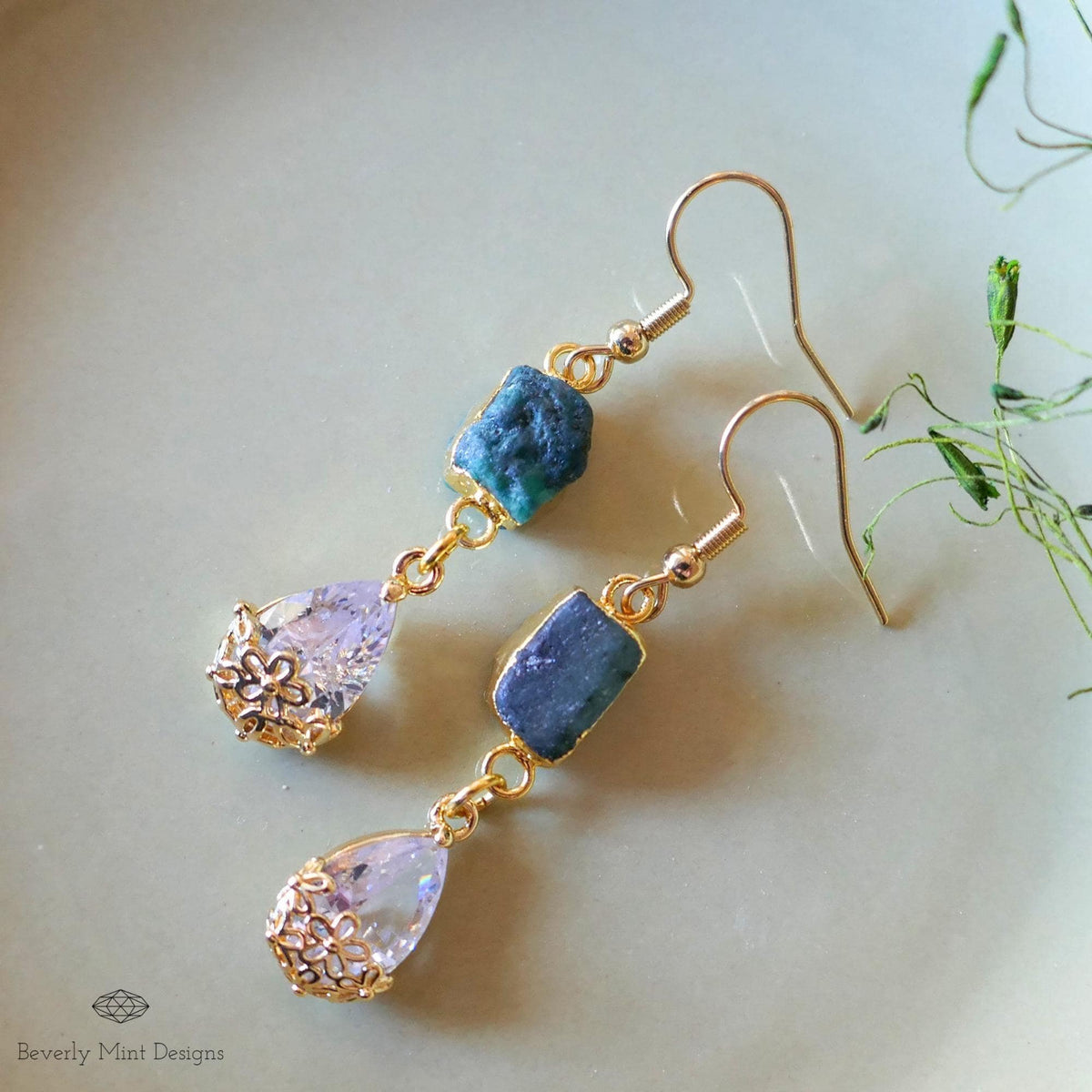Raw Emerald Earrings, Green Drop Earrings, Gold Dangle Earrings, Natural Crystal Jewelry, Sensitive Ear & Clip-On Options