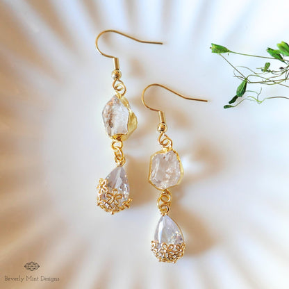 Herkimer Diamond Earrings, Gold Crystal Drop Earrings, Minimalist Bridal Jewelry, April Birthday Gift, Sensitive Ear & Clip-On Options